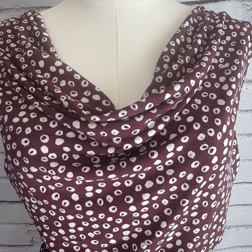 LOFT Petite Medium MP Burgundy Abstract Dot Cowl Neck Tie Waist Dress - Picture 2 of 15